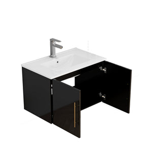 English Elm 30-Inch Black Gloss Wall-Mounted Bathroom Vanity With Soft-Close Doors & Gold Handle For Modern Style W3151S00051