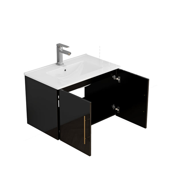 English Elm 30-Inch Black Gloss Wall-Mounted Bathroom Vanity With Soft-Close Doors & Gold Handle For Modern Style W3151S00051
