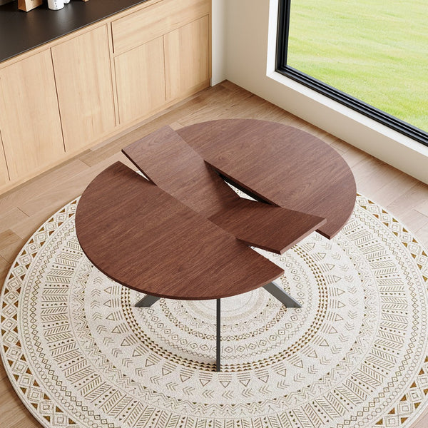 English Elm Extendable Round Dining Table Walnut Grain Top Matte Black Base Seats 4 to 6 W3875S00001
