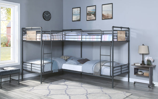 English Elm Cordelia Sandy Black Metal Quadruple Twin L-Shape Bunk Bed, 80 Slats, 660lb Capacity, Guard Rails B2726S00512