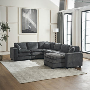 English Elm Modern U Shaped 6-Seat Sectional Sofa with Ottoman and 3 Toss Pillows, Corduroy Modular Comfort and Durable Frame Grey W2363S00041