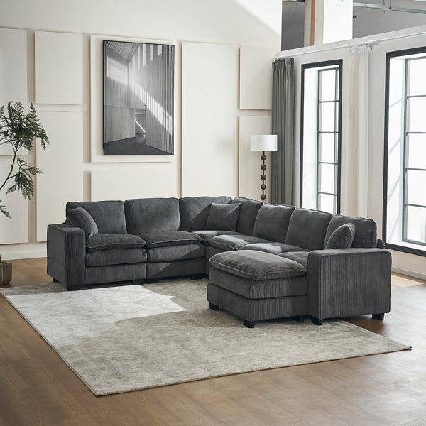 English Elm Modern U Shaped 6-Seat Sectional Sofa with Ottoman and 3 Toss Pillows, Corduroy Modular Comfort and Durable Frame Grey W2363S00041