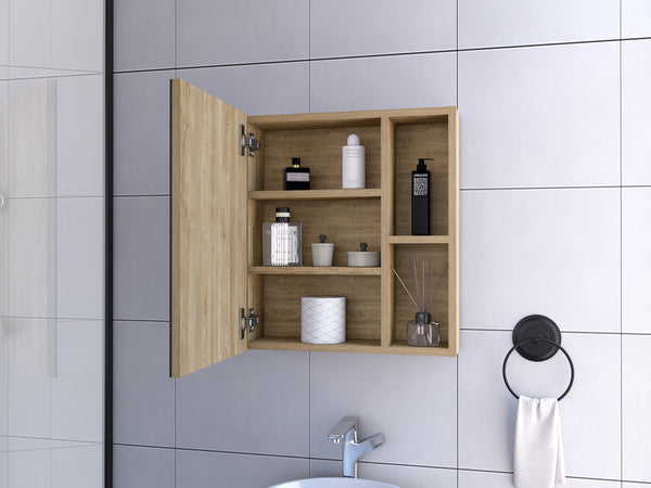 English Elm Lincoln Beige Mirrored Medicine Cabinet with 5 Shelves, Particle Board Frame, 19.5"x17.7" Compact Storage B128P148930