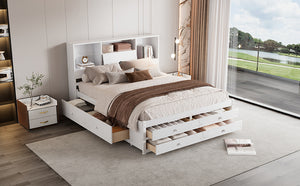 English Elm Queen Platform Bed with Built-In Headboard Storage and 8 Drawers, Solid Wood MDF, Sturdy Design White GX000453AAK