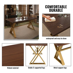 English Elm 70.8 Inch Walnut Top Dining Table with Brushed Gold Steel Base Seats Six T3609S00001
