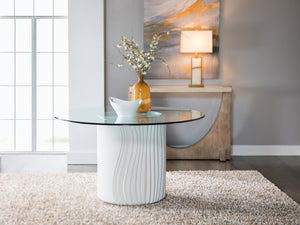 Lexington Artistica Home Volante Round Dining Table - Exquisite Cast Drum Base With Sculpted Curves And Elegant Glass Top Ivory Wood 2315-870-56c