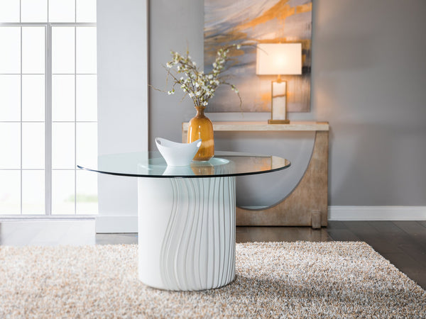 Lexington Artistica Home Volante Round Dining Table - Exquisite Cast Drum Base With Sculpted Curves And Elegant Glass Top Ivory Wood 2315-870-56c