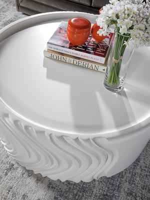 Lexington Artistica Home Volante Stunning Round Drum Cocktail Table With Unique Sculpted Base And Elegant Ivory Finish Ivory Wood 2315-943