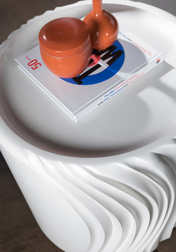 Lexington Artistica Home Volante Stunning Round Drum End Table In Soft White - Unique Sculpted Design For Every Room Ivory Wood 2315-953