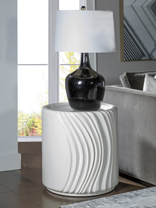 Lexington Artistica Home Volante Stunning Round Drum End Table In Soft White - Unique Sculpted Design For Every Room Ivory Wood 2315-953