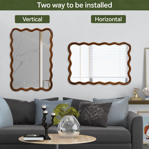 English Elm Black Walnut Solid Wood Wavy Frame Mirror Sculptural Bohemian Accent for Any Room W2203P455232