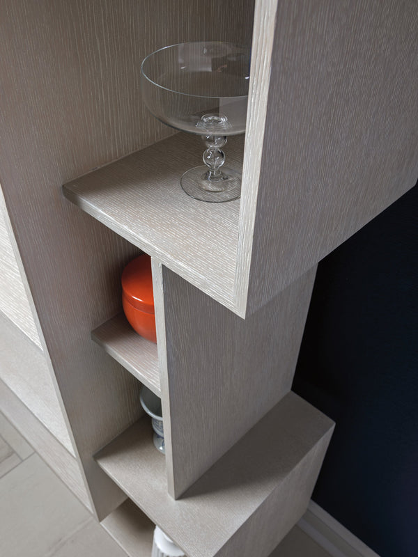 Lexington Artistica Home Prospero Modern Asymmetrical Bookcase With Stylish Breakfront Design And Elegant Misty White Finish Antique Aged White Wood 2316-991