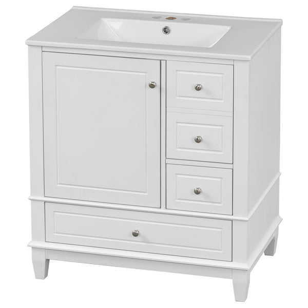 English Elm Christopher Knight Home® - 30" Freestanding Bathroom Vanity with Ceramic Sink, Soft-Close Door, Gold Knobs & 3 Drawers, Durable Painted Finish White N759P225994K