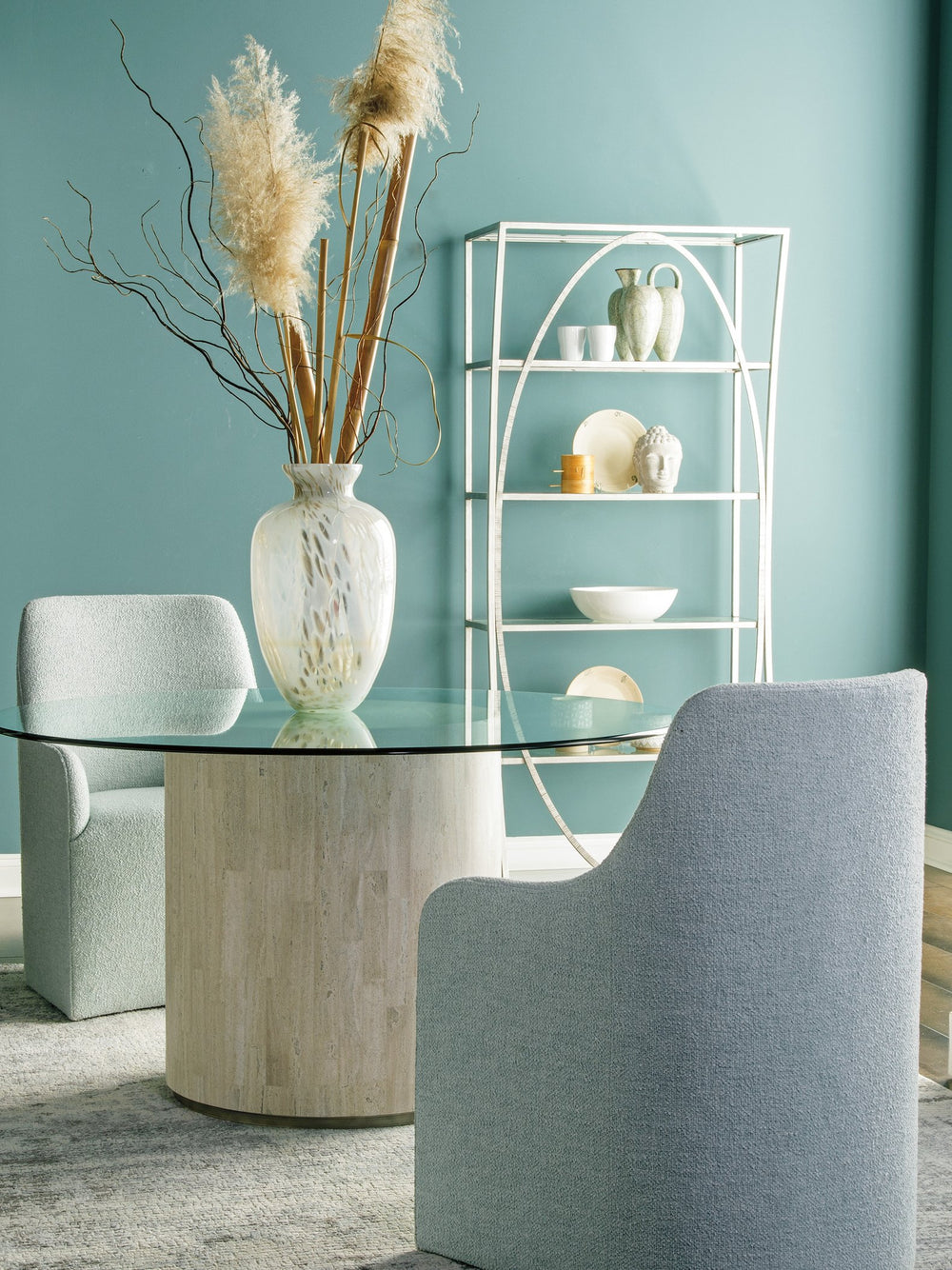 Lexington Artistica Home Cassio Round Dining Table - Stunning White Travertine Base With Glass Top, Perfect For Elegant Spaces Creamy White Wood 2317-870-56c