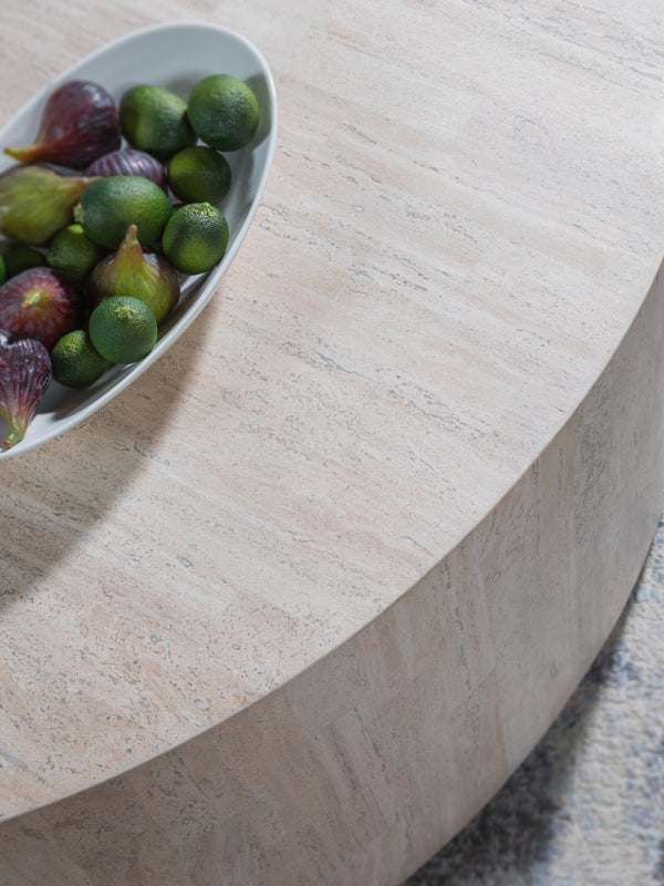 Lexington Artistica Home Cassio Round Cocktail Table - Unique Drum-style Design In White Travertine With Silver Base Finish Creamy White Wood 2317-943