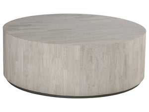 Lexington Artistica Home Cassio Round Cocktail Table - Unique Drum-style Design In White Travertine With Silver Base Finish Creamy White Wood 2317-943