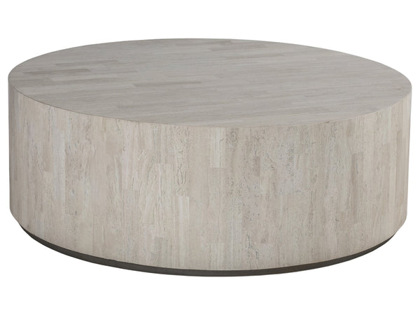 Lexington Artistica Home Cassio Round Cocktail Table - Unique Drum-style Design In White Travertine With Silver Base Finish Creamy White Wood 2317-943