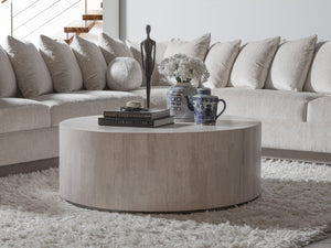 Lexington Artistica Home Cassio Round Cocktail Table - Unique Drum-style Design In White Travertine With Silver Base Finish Creamy White Wood 2317-943