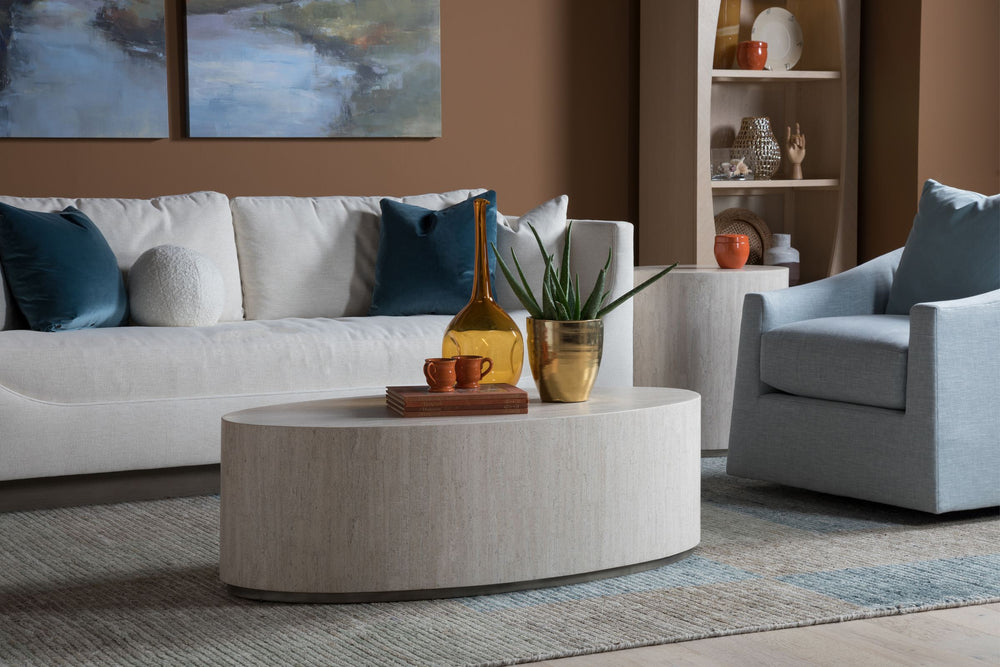 Lexington Cassio Oval Travertine Top Coffee Table with Iron Plinth for Modern Living Rooms 2317-949