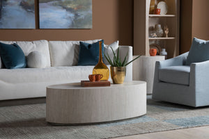 Lexington Cassio Oval Travertine Top Coffee Table with Iron Plinth for Modern Living Rooms 2317-949