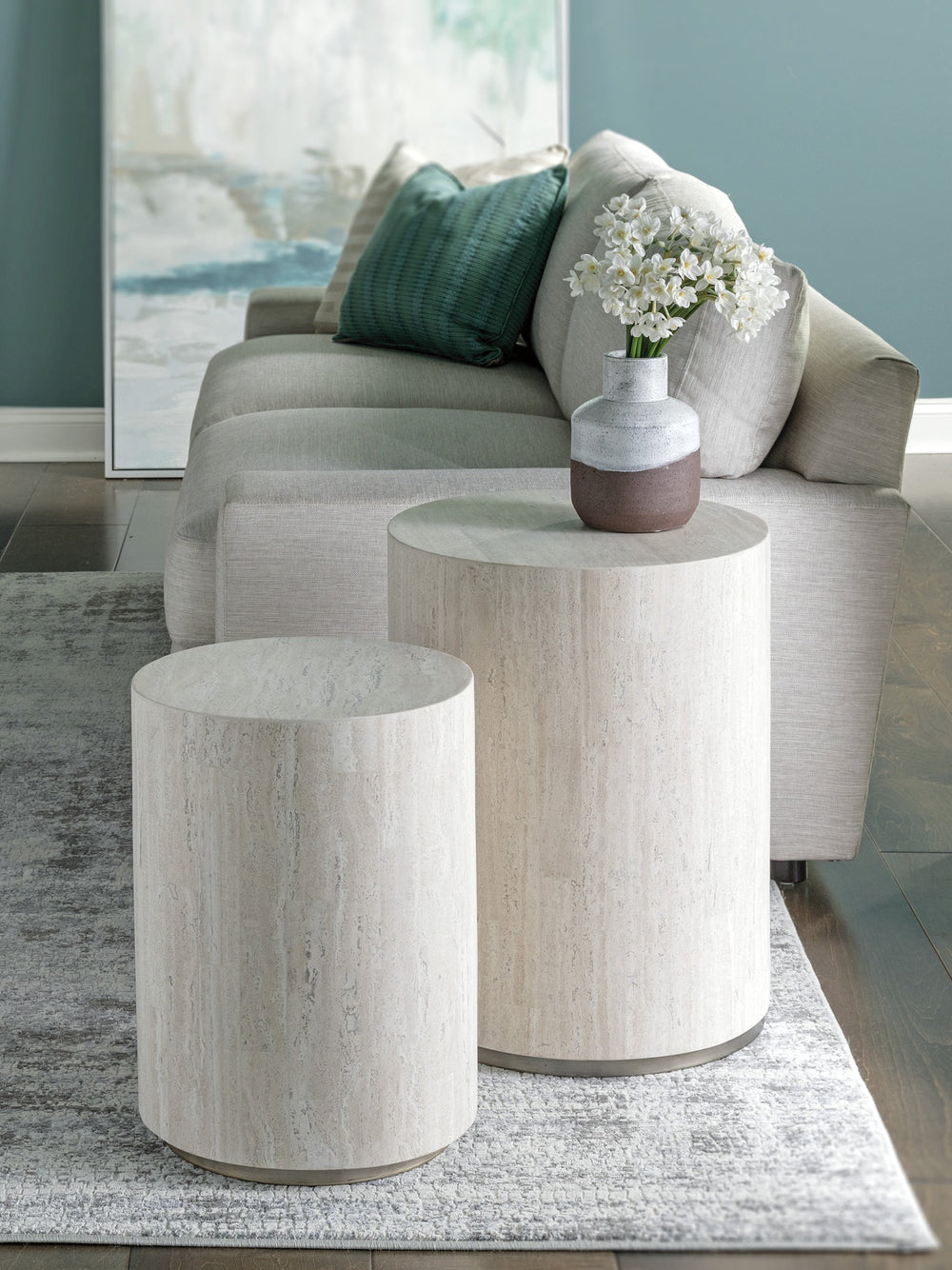 Lexington Artistica Home Cassio Contemporary Drum Table With Unique White Vein Travertine And Silver Metallic Iron Plinths Creamy White Wood 2317-951