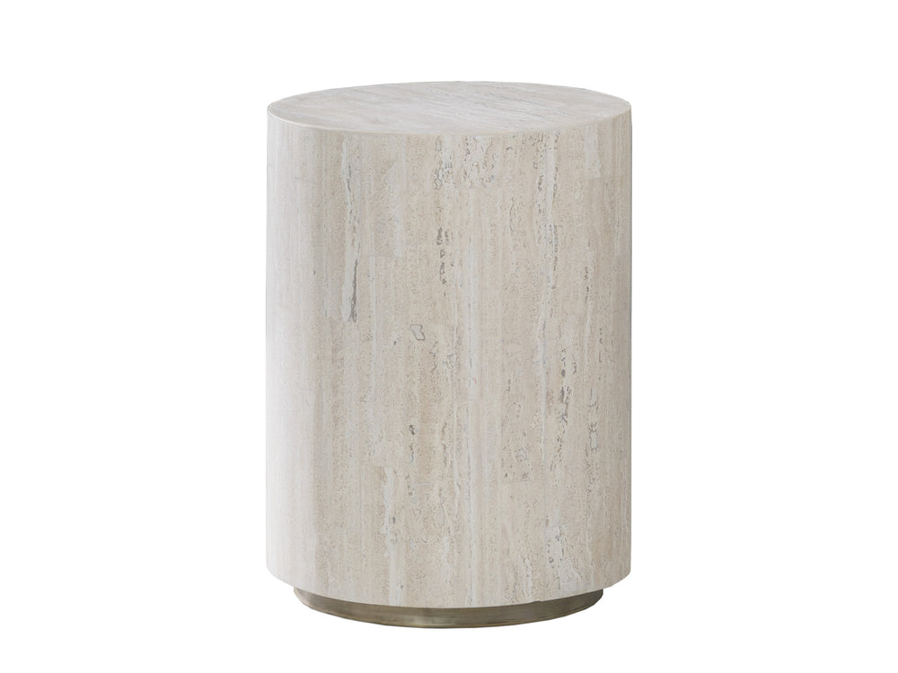 Lexington Artistica Home Cassio Contemporary Drum Spot Table With Unique White Vein Travertine And Silver Iron Finish Creamy White Wood 2317-950