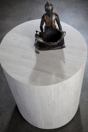 Lexington Artistica Home Cassio Contemporary Drum Table With Unique White Vein Travertine And Silver Metallic Iron Plinths Creamy White Wood 2317-951
