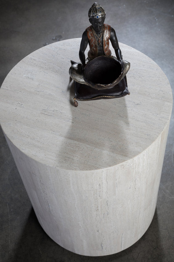 Lexington Artistica Home Cassio Contemporary Drum Table With Unique White Vein Travertine And Silver Metallic Iron Plinths Creamy White Wood 2317-951