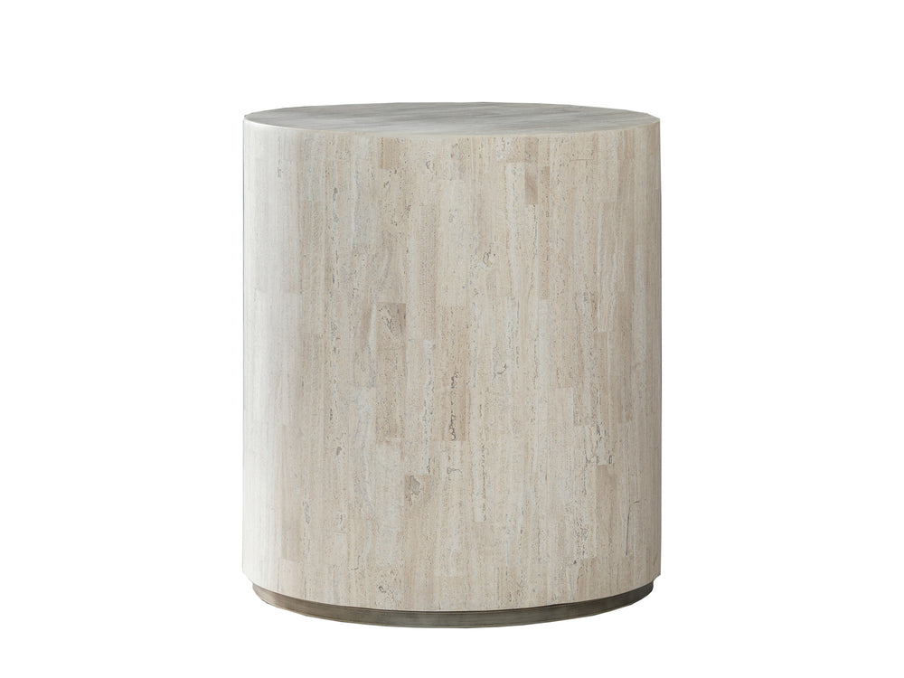 Lexington Artistica Home Cassio Contemporary Drum Table With Unique White Vein Travertine And Silver Metallic Iron Plinths Creamy White Wood 2317-951