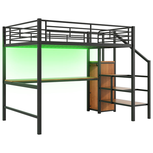 English Elm Full Size Metal Loft Bed With Desk, Storage Steps, Wardrobe, Led Light - Perfect For Small Spaces! GX000620AAB-1