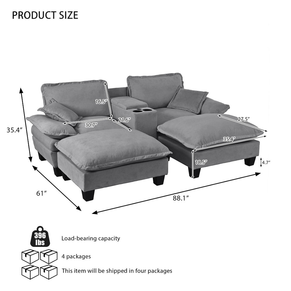 English Elm Modular Cloud Sofa Chenille L-shape with Storage Cup Holders and Usb for Living Room Grey W3163S00114