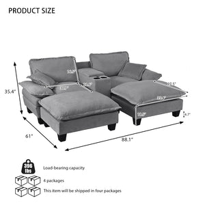 English Elm Modular Cloud Sofa Chenille L-shape with Storage Cup Holders and Usb for Living Room Grey W3163S00114