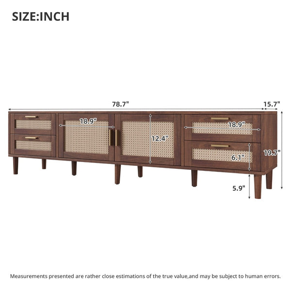 English Elm 78 Inch Rattan Media Console with Pine Legs Four Drawers Modern Living Room Tv Stand N710P365048P