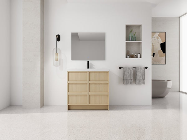English Elm 36" Freestanding Bathroom Vanity Plywood Base Resin Sink Soft Close Storage W999S00509