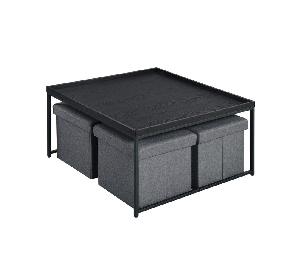 English Elm Vincenzo Square Coffee Table Set with Nesting Storage Stools and Industrial Metal Frame Black B2749P413286