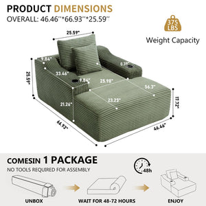 English Elm 67" Corduroy Oversized Chaise Sleeper Sofa Deep Seat Boneless Lounge with Cup Holder Pillows Green W1803P409244