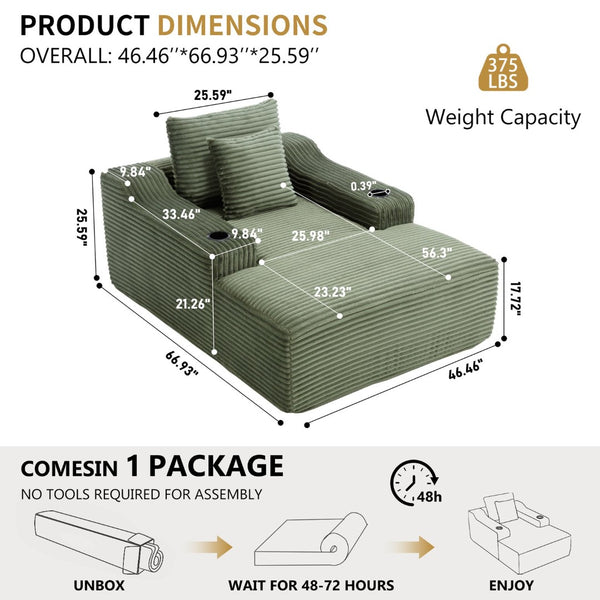 English Elm 67" Corduroy Oversized Chaise Sleeper Sofa Deep Seat Boneless Lounge with Cup Holder Pillows Green W1803P409244
