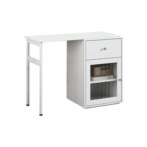 English Elm Computer Desk with Glass Doors, Hutch & Drawer Storage, Rotating 90° Desktop and Spacious Work Surface White W331S00194