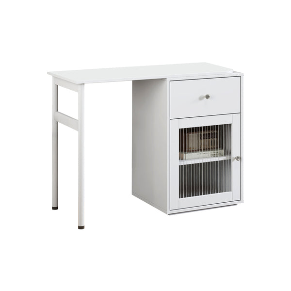 English Elm Computer Desk with Glass Doors, Hutch & Drawer Storage, Rotating 90° Desktop and Spacious Work Surface White W331S00194