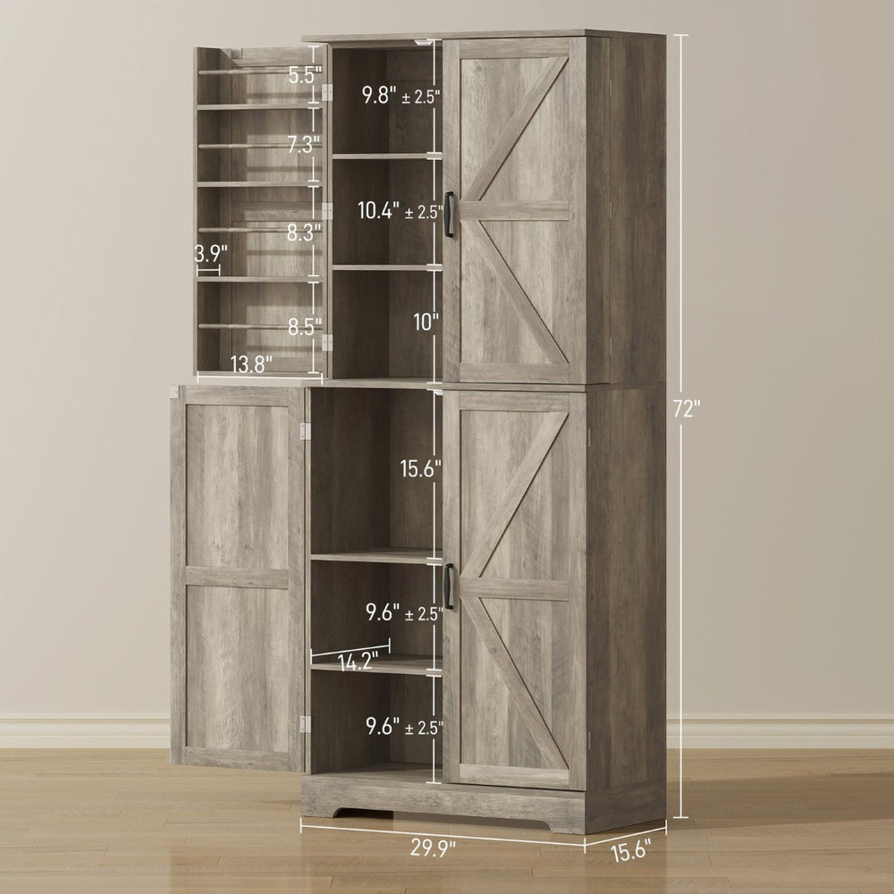 English Elm Tall Farmhouse Pantry Cabinet with Sliding Barn Doors and Gray Wash Wood Grain Finish T3971P428125