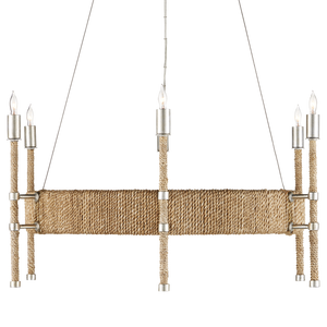 Monzie Chandelier - Contemporary Silver Leaf Design with Warm Rope Accents, Adjustable Height Fixture