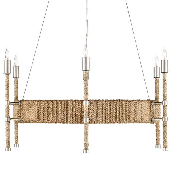 Monzie Chandelier - Contemporary Silver Leaf Design with Warm Rope Accents, Adjustable Height Fixture