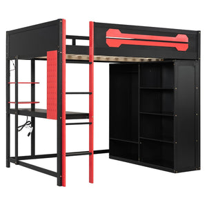English Elm Full Size Gaming Loft Bed with Rgb Lighting Integrated Desk and Open Wardrobe N820S00073J
