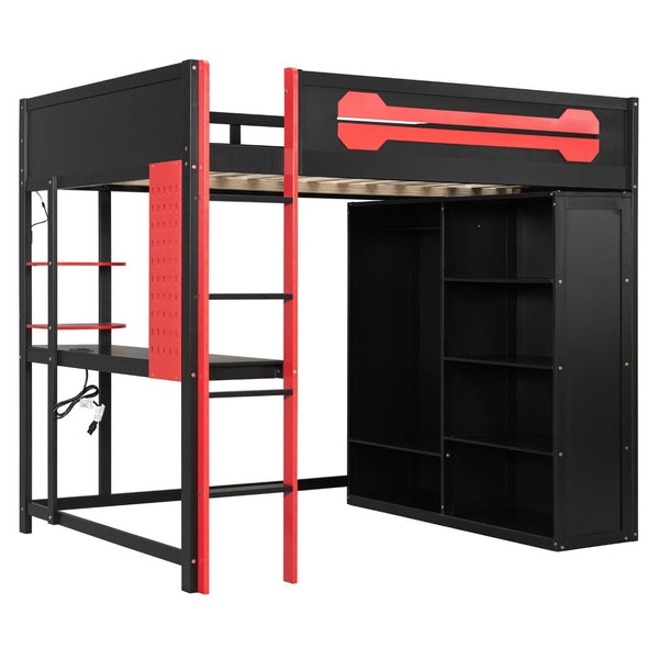 English Elm Full Size Gaming Loft Bed with Rgb Lighting Integrated Desk and Open Wardrobe N820S00073J