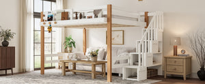 English Elm Twin Pine Wood Loft Bed with Built-in Shelving and Hook for Kids Bedroom W5305S00011