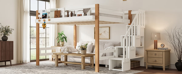English Elm Twin Pine Wood Loft Bed with Built-in Shelving and Hook for Kids Bedroom W5305S00011