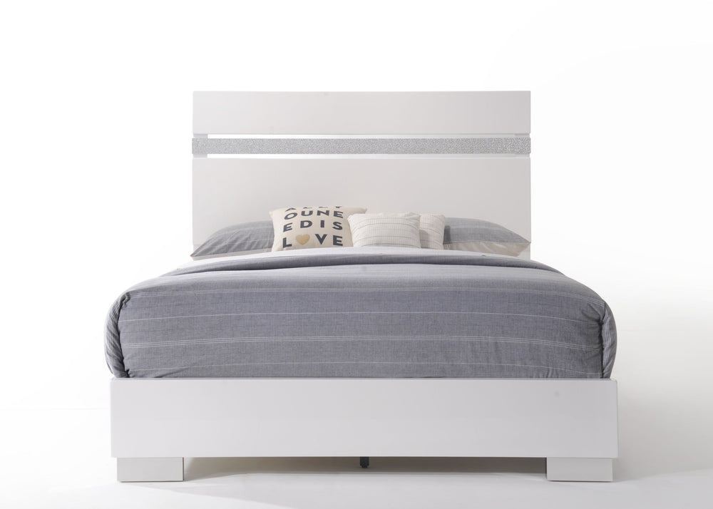 English Elm White High Gloss Queen Bed with Sparkling Acrylic Panel, Chrome Block Legs, Low-Profile Footboard, Box Spring Required B062S00519
