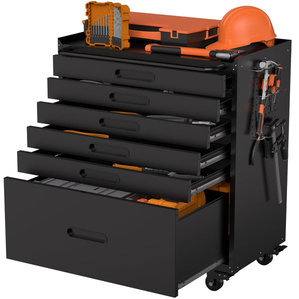 English Elm 34.3" Rolling Steel Workshop Cabinet with 3 Drawers Lockable Doors and Pegboard Sides W2735P428816
