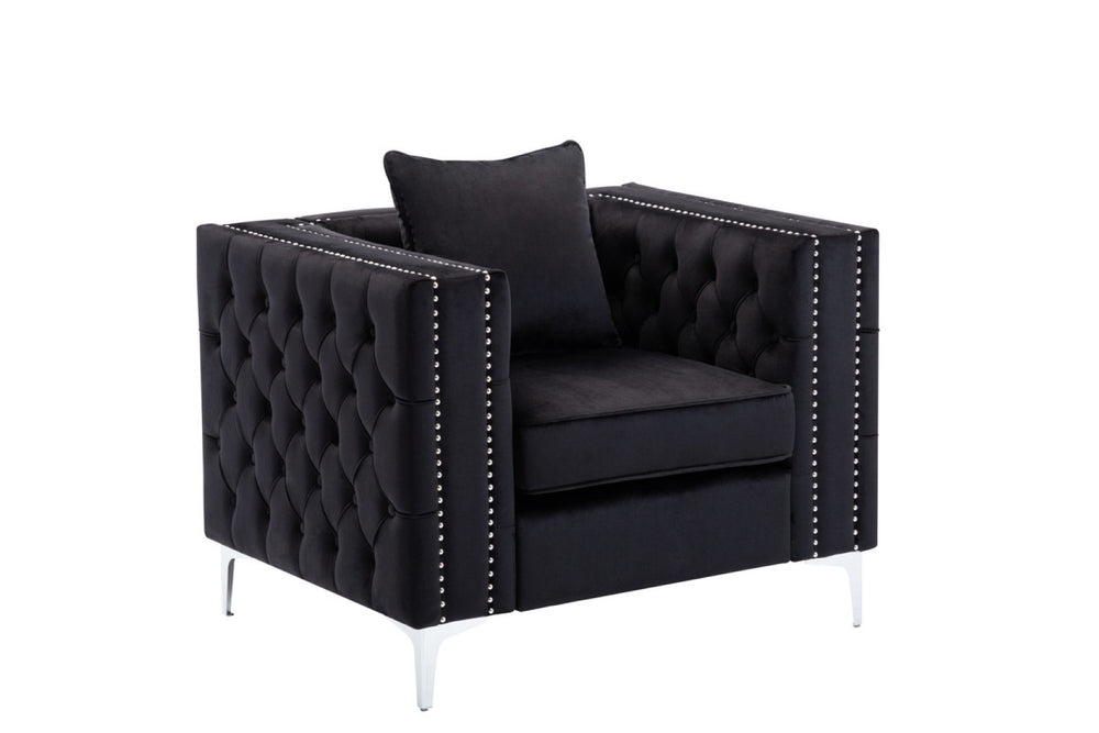 English Elm Noir Tufted Black Velvet Accent Chair with Nailhead Trim and Chrome Legs B2749S00131