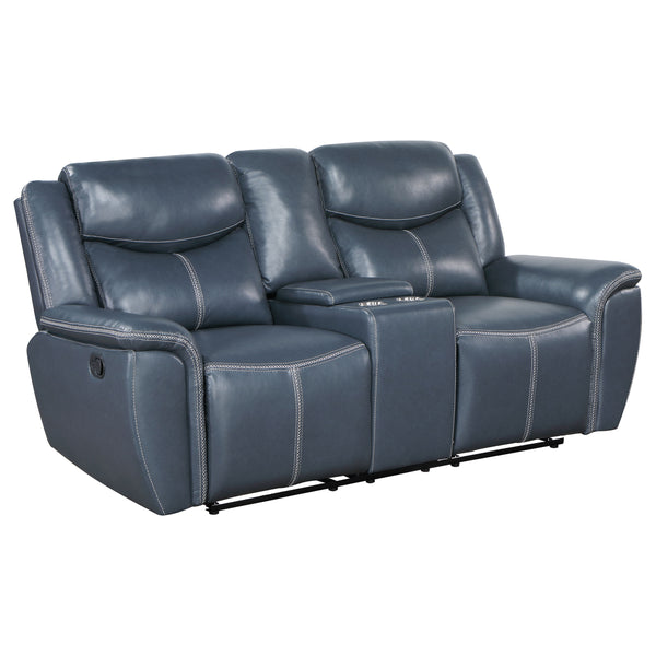 English Elm Stanwicke Blue 2-Piece Reclining Sofa Set with Loveseat Console, Faux Leather, Contrast Stitching, Pillowtop Arms for Ultimate Comfort B062S01275